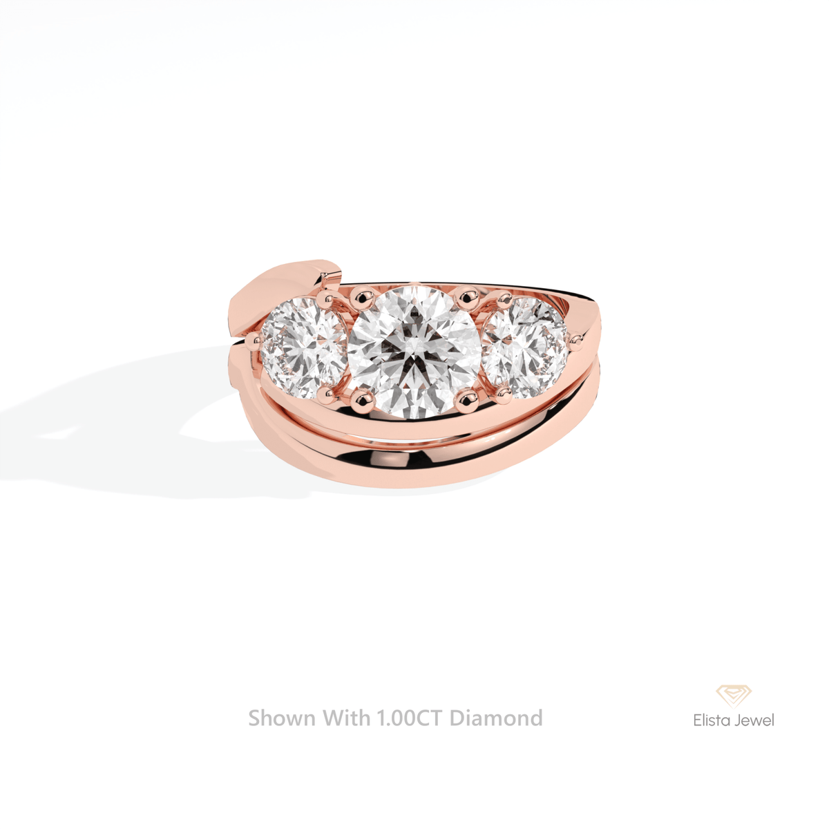 Curve Matching Lab Grown Diamond Band With Round Three Stone Lab Grown Diamond Ring Set in 18K Rose Gold - Ring on Hand View