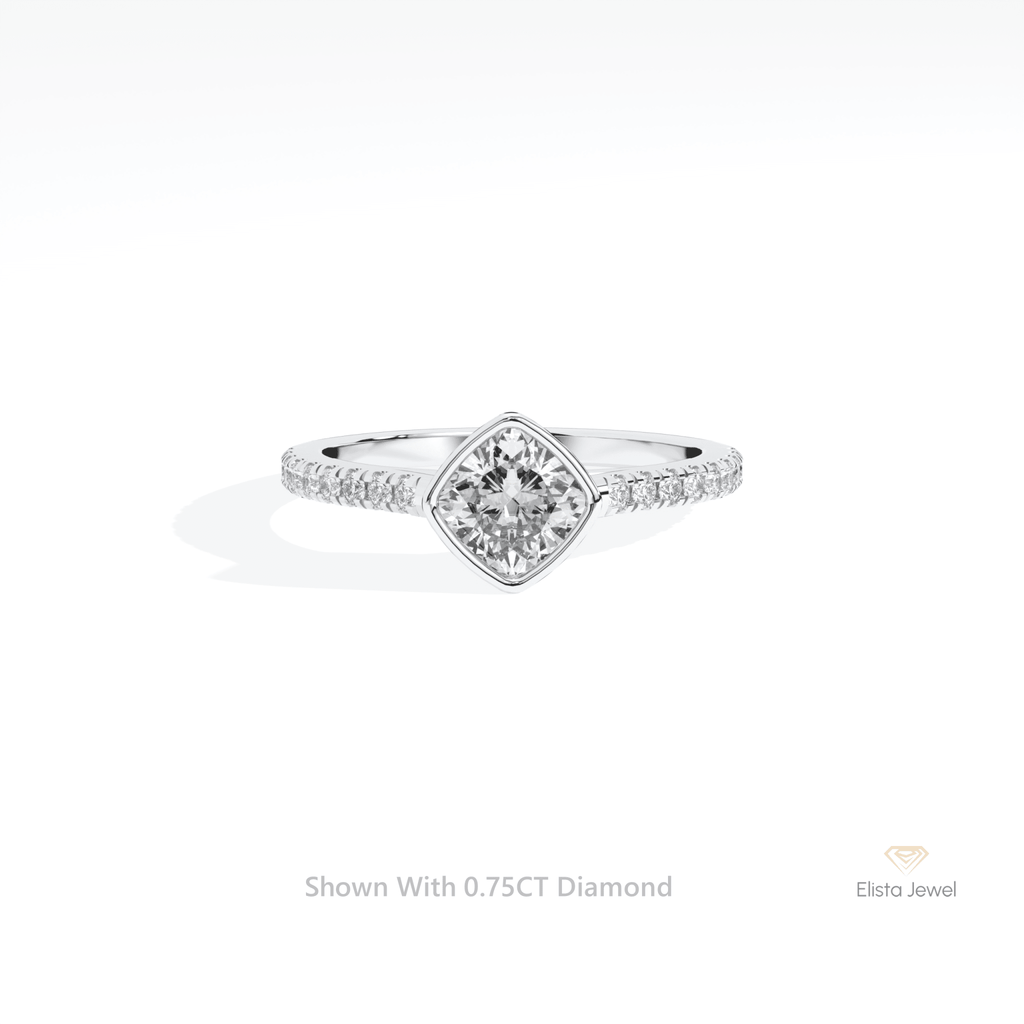 Cushion Cut Bezel Engagement Lab Grown Diamond Ring in 10K White Gold - Front View