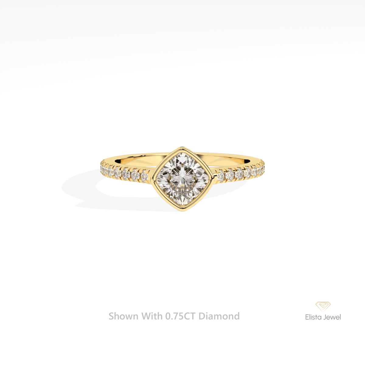 Cushion Cut Bezel Engagement Lab Grown Diamond Ring in 14K Yellow Gold - Detail View