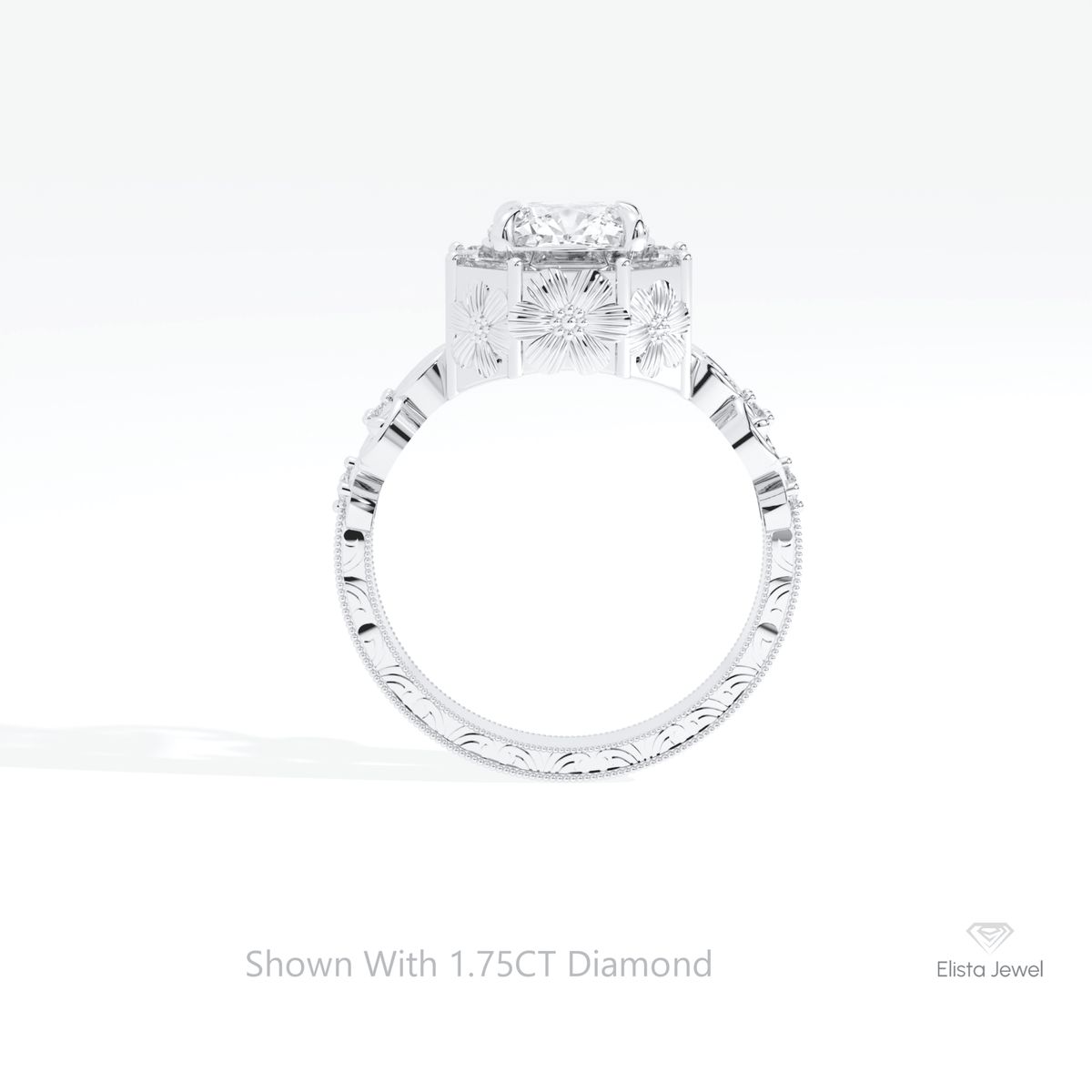 Cushion Cut Halo Art Deco Lab Grown Diamond Ring in 18K White Gold - Close-up View