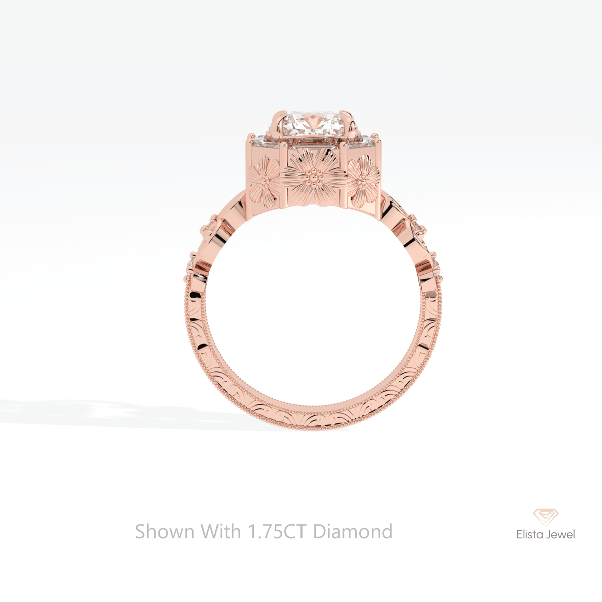 Cushion Cut Halo Art Deco Lab Grown Diamond Ring in 10K Rose Gold - Angled View