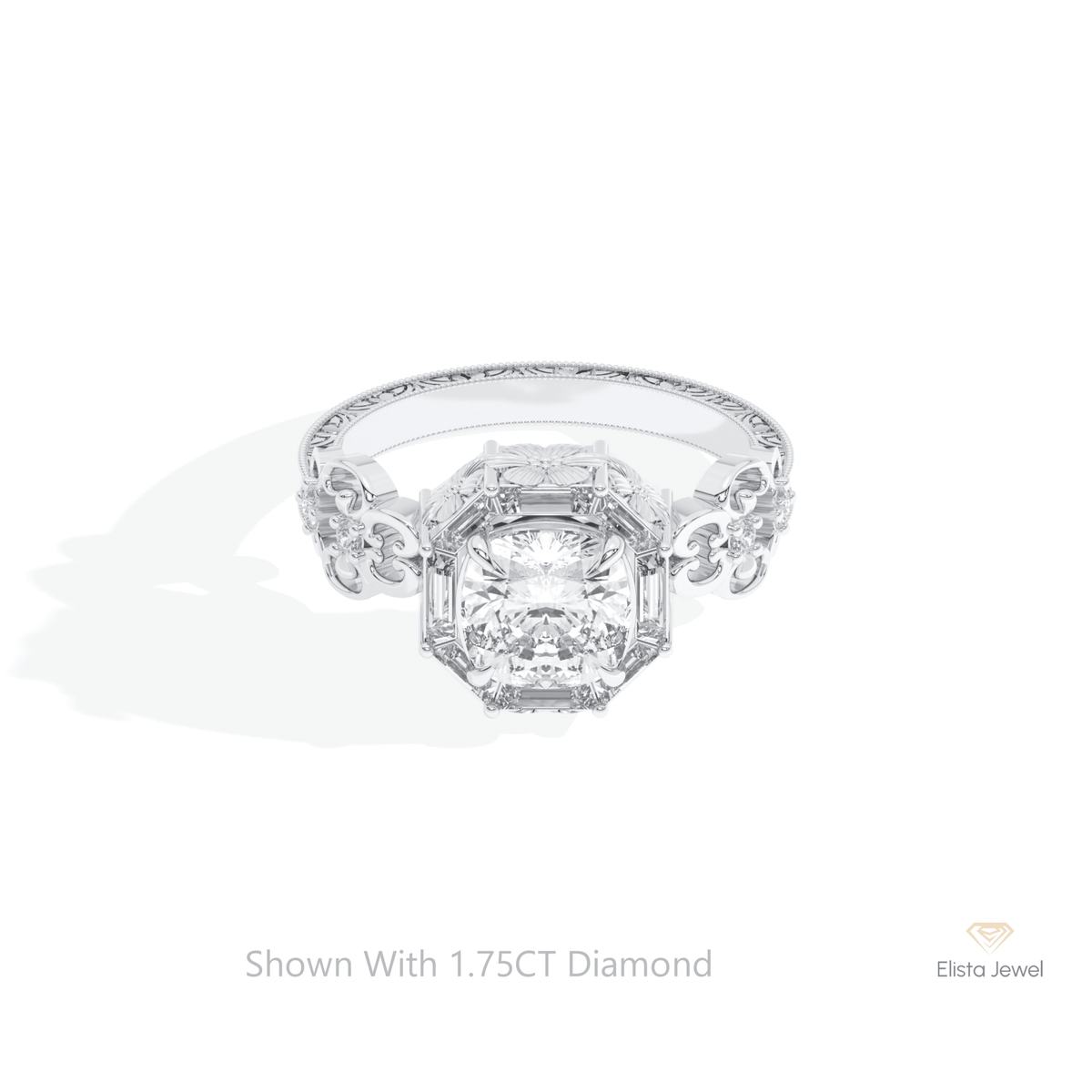 Cushion Cut Halo Art Deco Lab Grown Diamond Ring in 14K Yellow Gold - Detail View