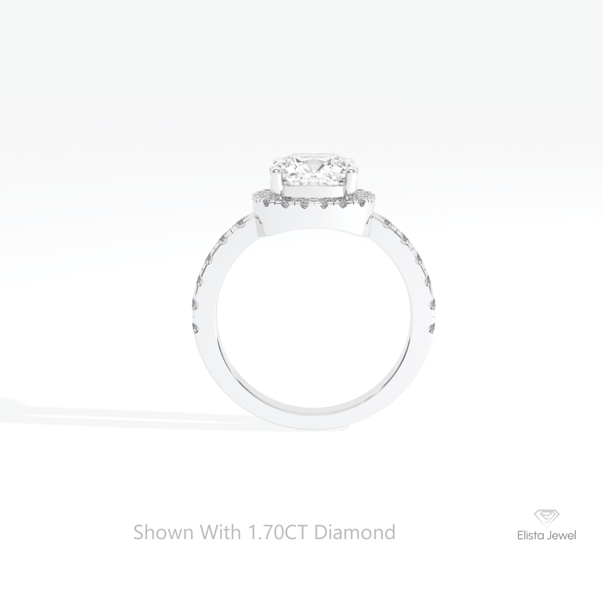 Cushion Cut Halo Engagement Lab Grown Diamond Ring in 18K White Gold - Close-up View