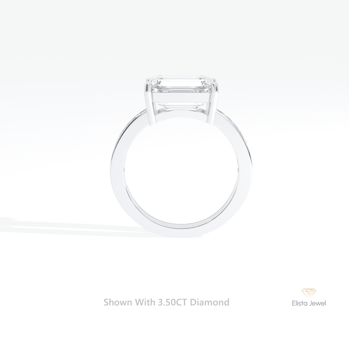East West Emerald Cut Accent Lab Grown Diamond Ring in 18K White Gold - Close-up View