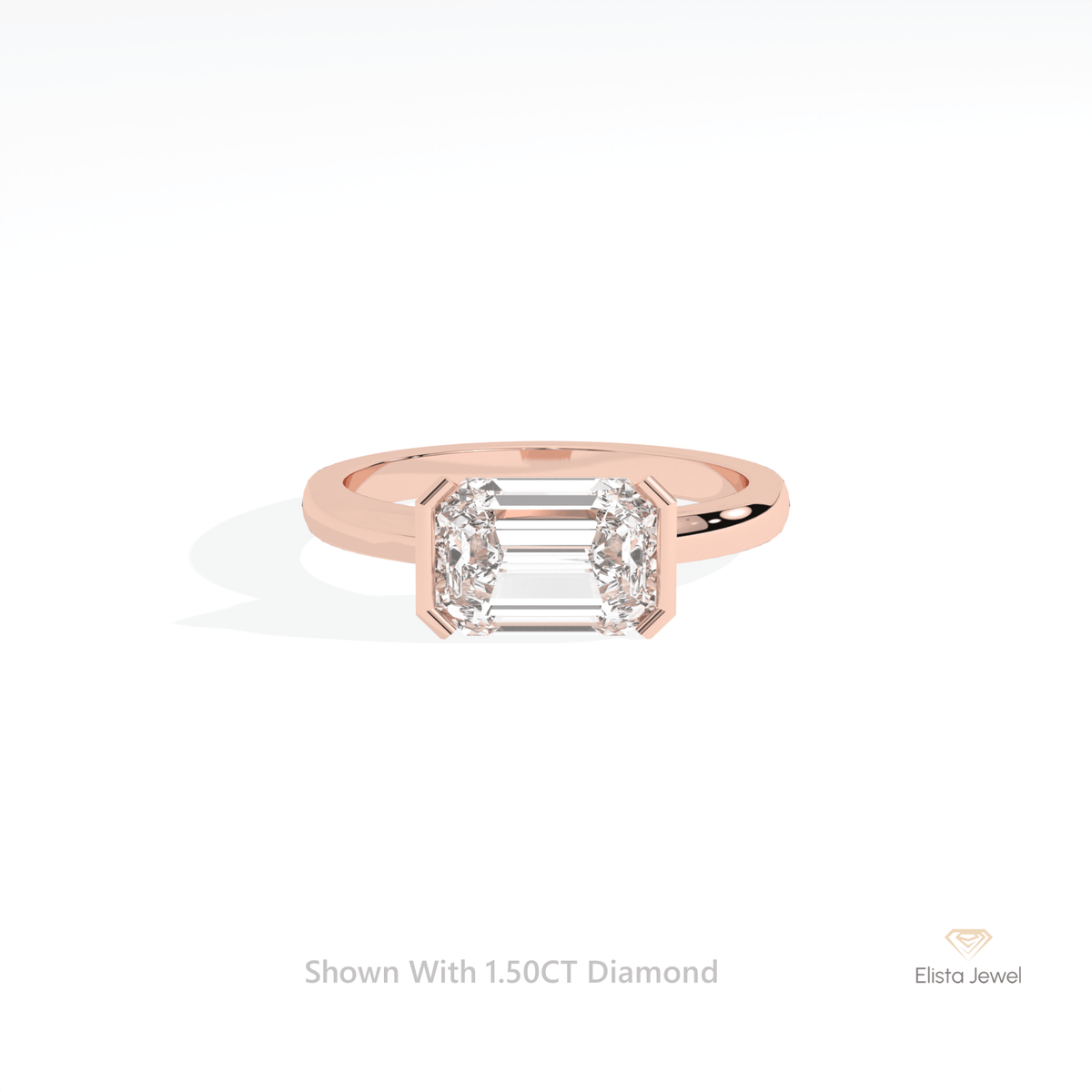 East West Emerald Cut Semi Bezel Solitaire Lab Grown Diamond Ring in 10K White Gold - Front View