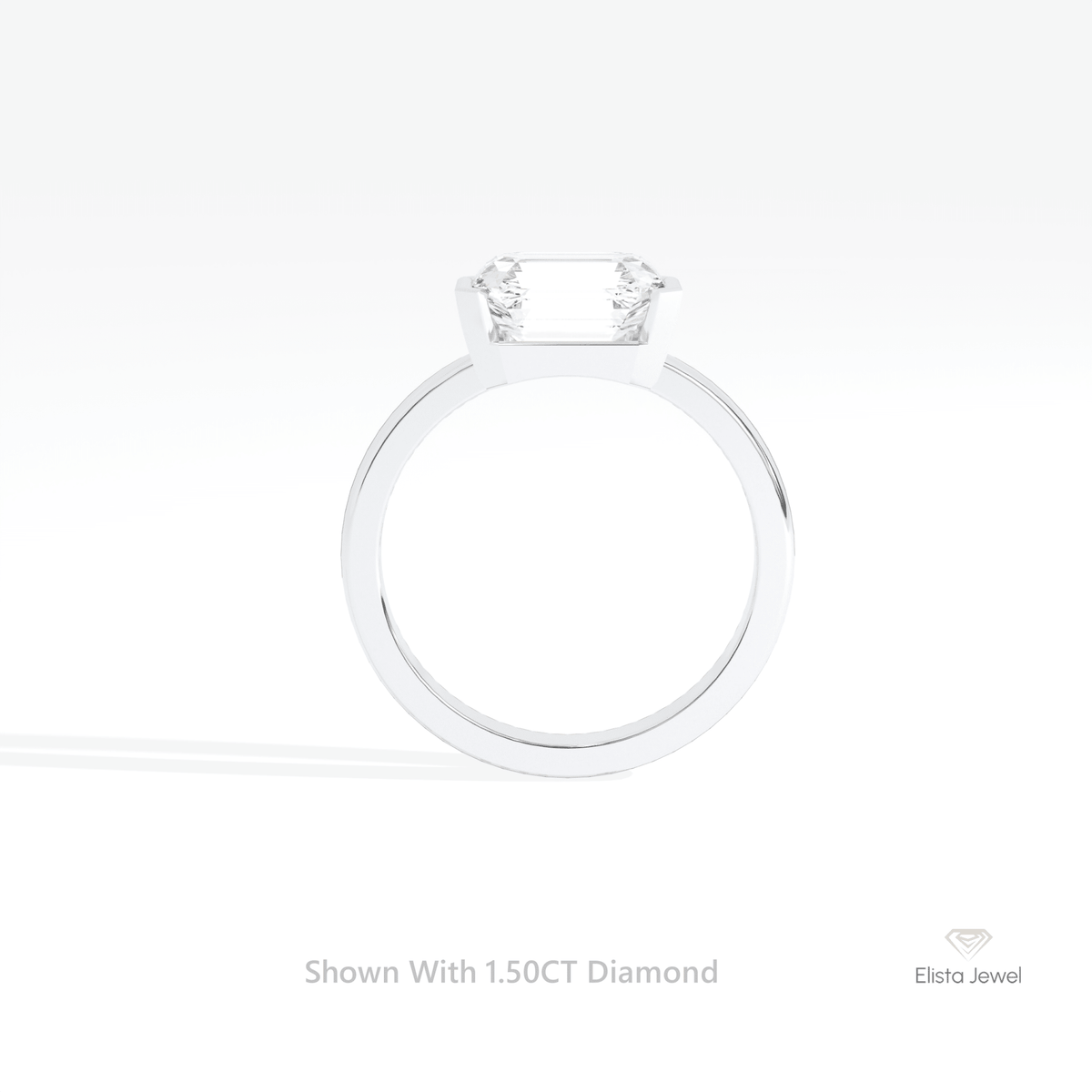 East West Emerald Cut Semi Bezel Solitaire Lab Grown Diamond Ring in 18K White Gold - Close-up View