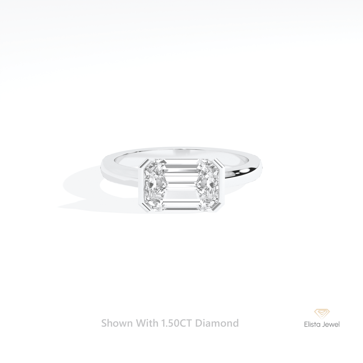 East West Emerald Cut Semi Bezel Solitaire Lab Grown Diamond Ring in 14K Yellow Gold - Detail View
