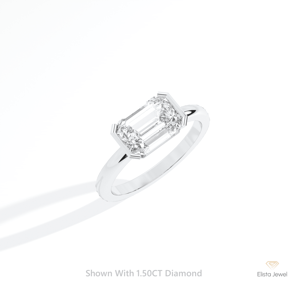 East West Emerald Cut Semi Bezel Solitaire Lab Grown Diamond Ring in 14K Rose Gold - Profile View