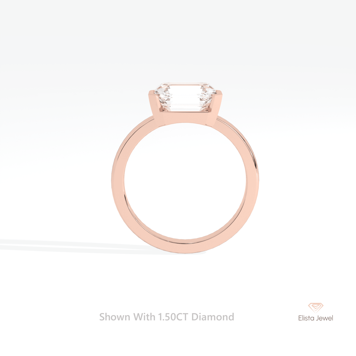 East West Emerald Cut Semi Bezel Solitaire Lab Grown Diamond Ring in 10K Rose Gold - Angled View
