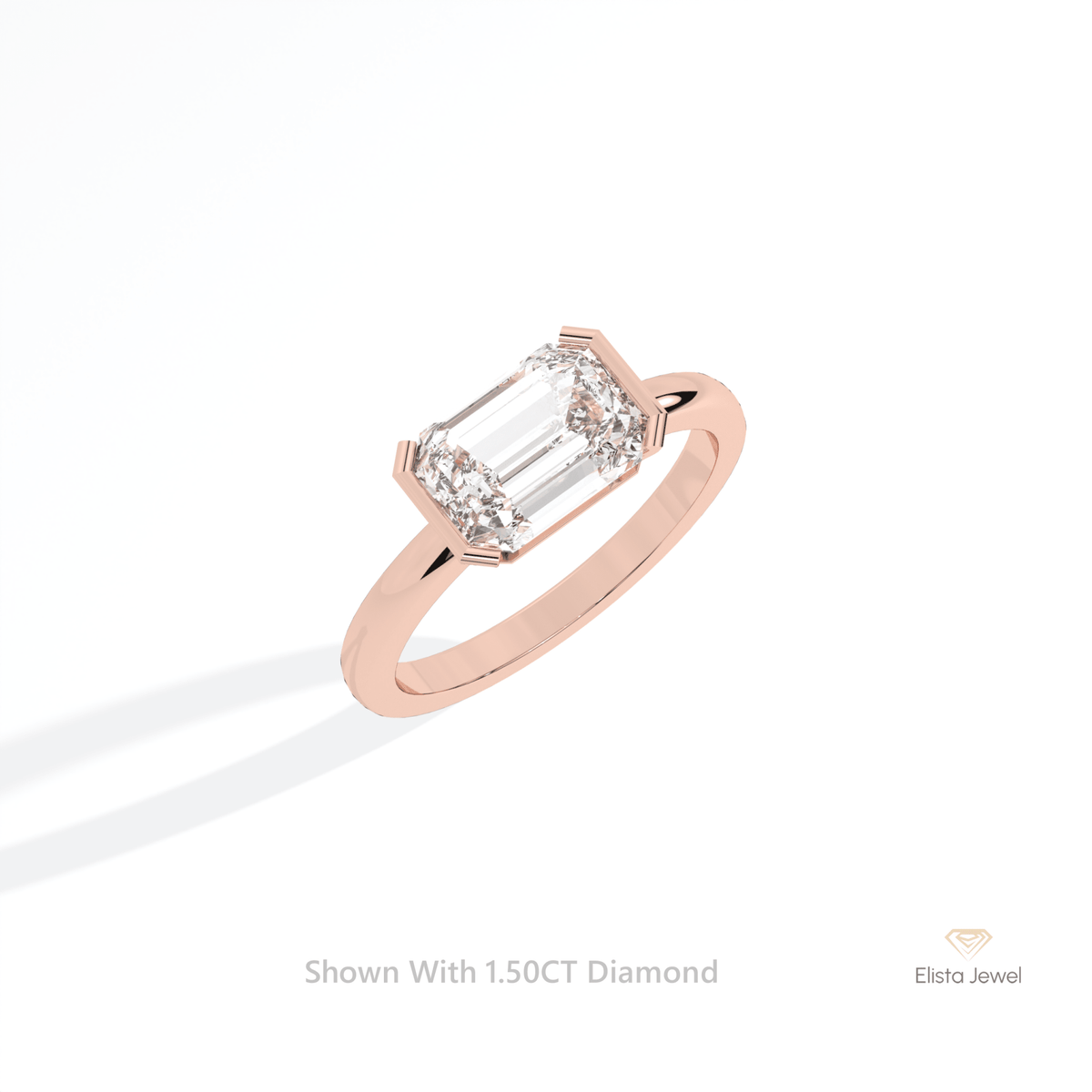 East West Emerald Cut Semi Bezel Solitaire Lab Grown Diamond Ring in 10K Yellow Gold - Side View