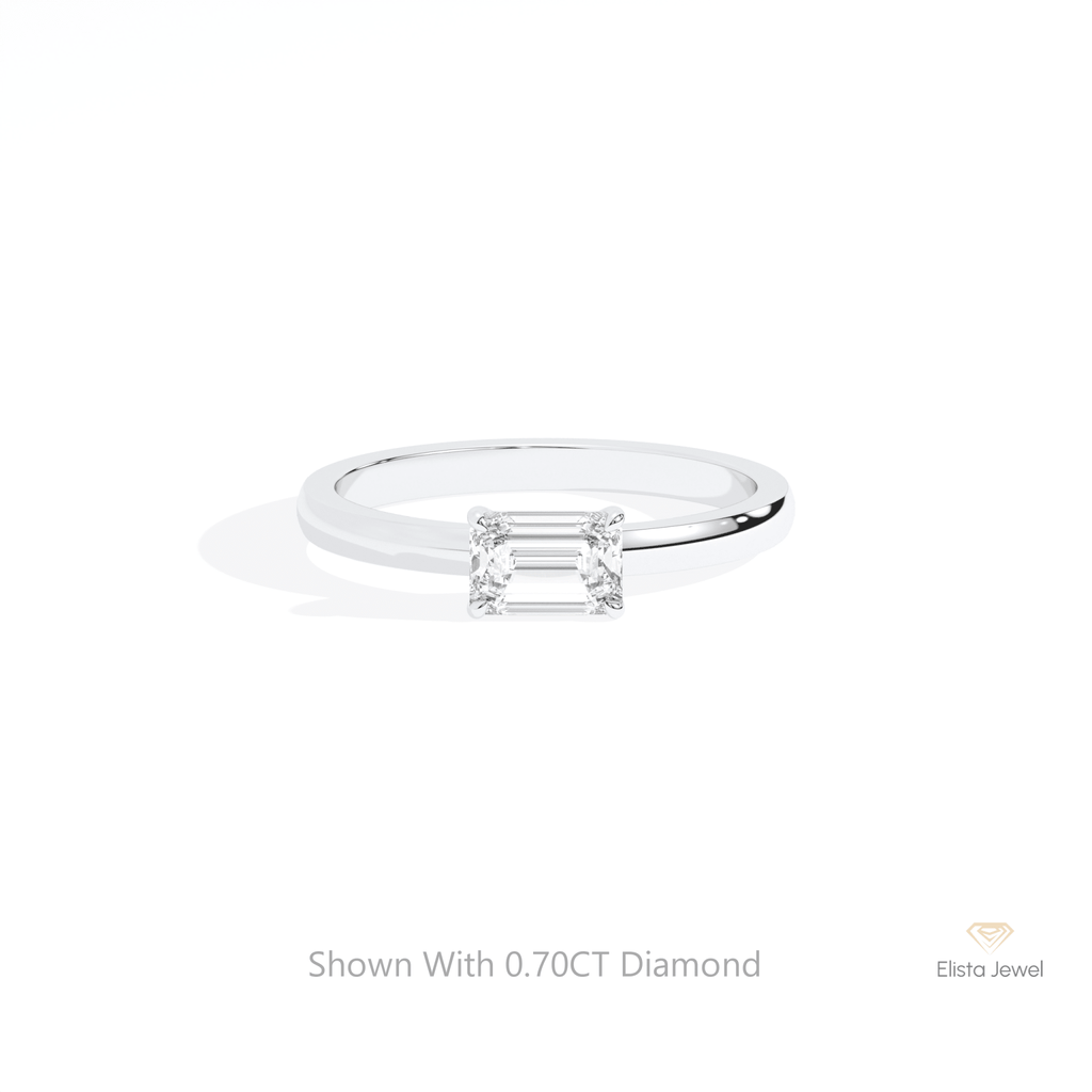 East West Emerald Cut Solitaire Lab Grown Diamond Ring in 14K Yellow Gold - Detail View