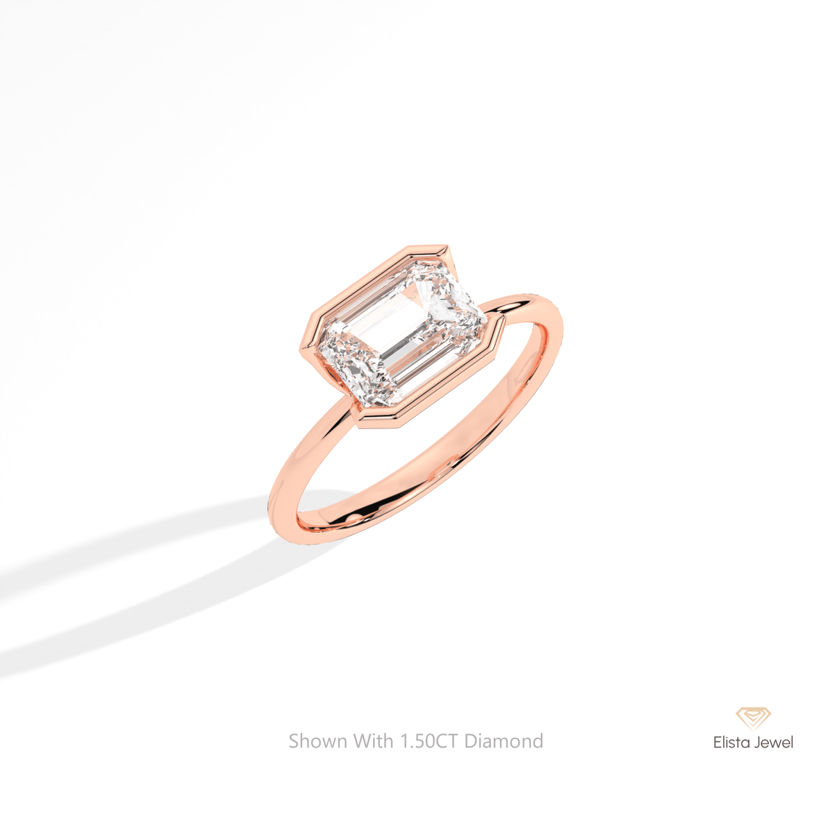 East West Emerald Cut Solitaire Lab Grown Diamond Ring in 10K Yellow Gold - Side View