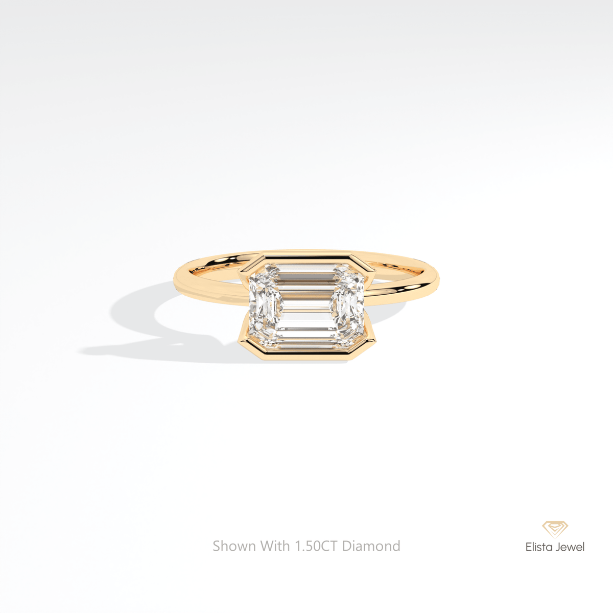 East West Emerald Cut Solitaire Lab Grown Diamond Ring in 14K Yellow Gold - Detail View