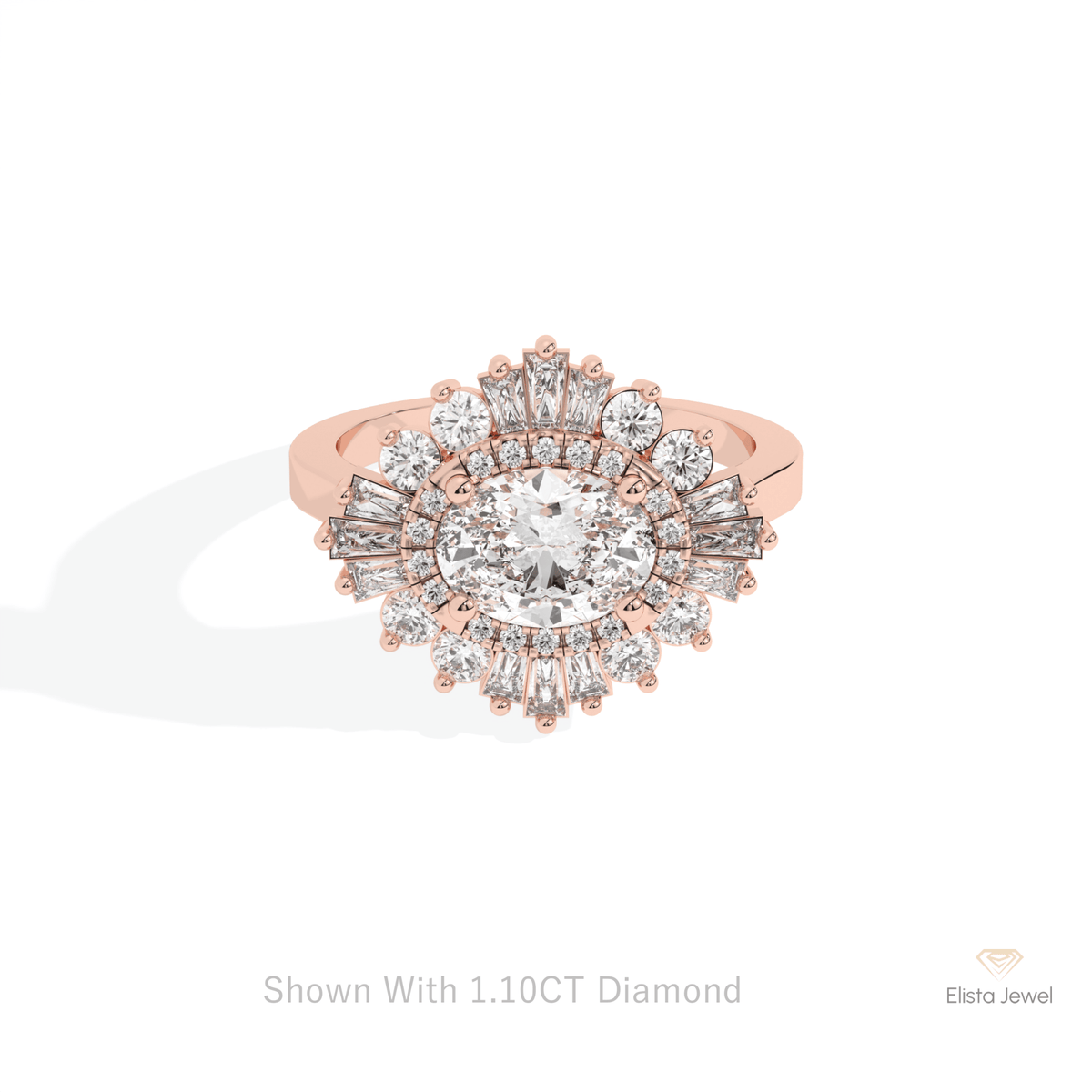 East West Oval Cut Halo Starburst Lab Grown Diamond Ring in 18K Rose Gold - Ring on Hand View