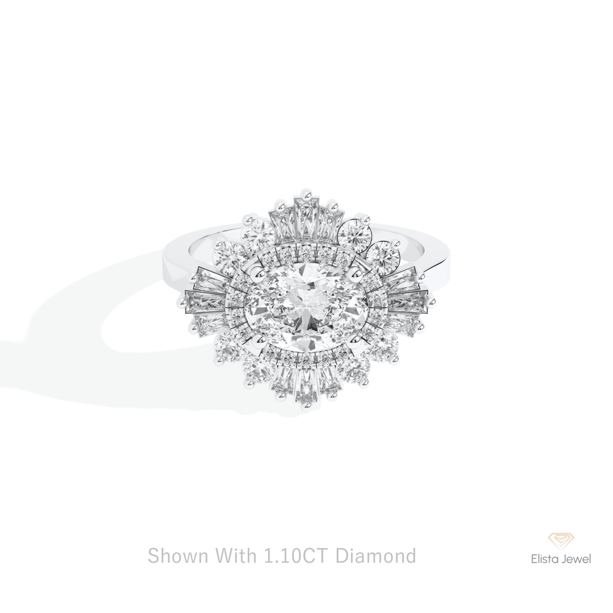 East West Oval Cut Halo Starburst Lab Grown Diamond Ring in 14K Yellow Gold - Detail View