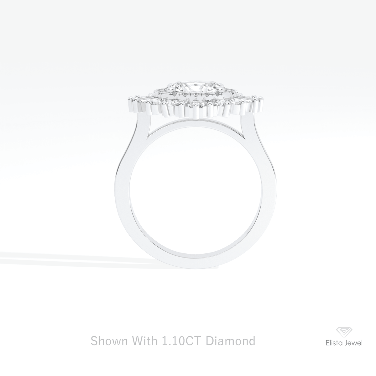 East West Oval Cut Halo Starburst Lab Grown Diamond Ring in 18K White Gold - Close-up View