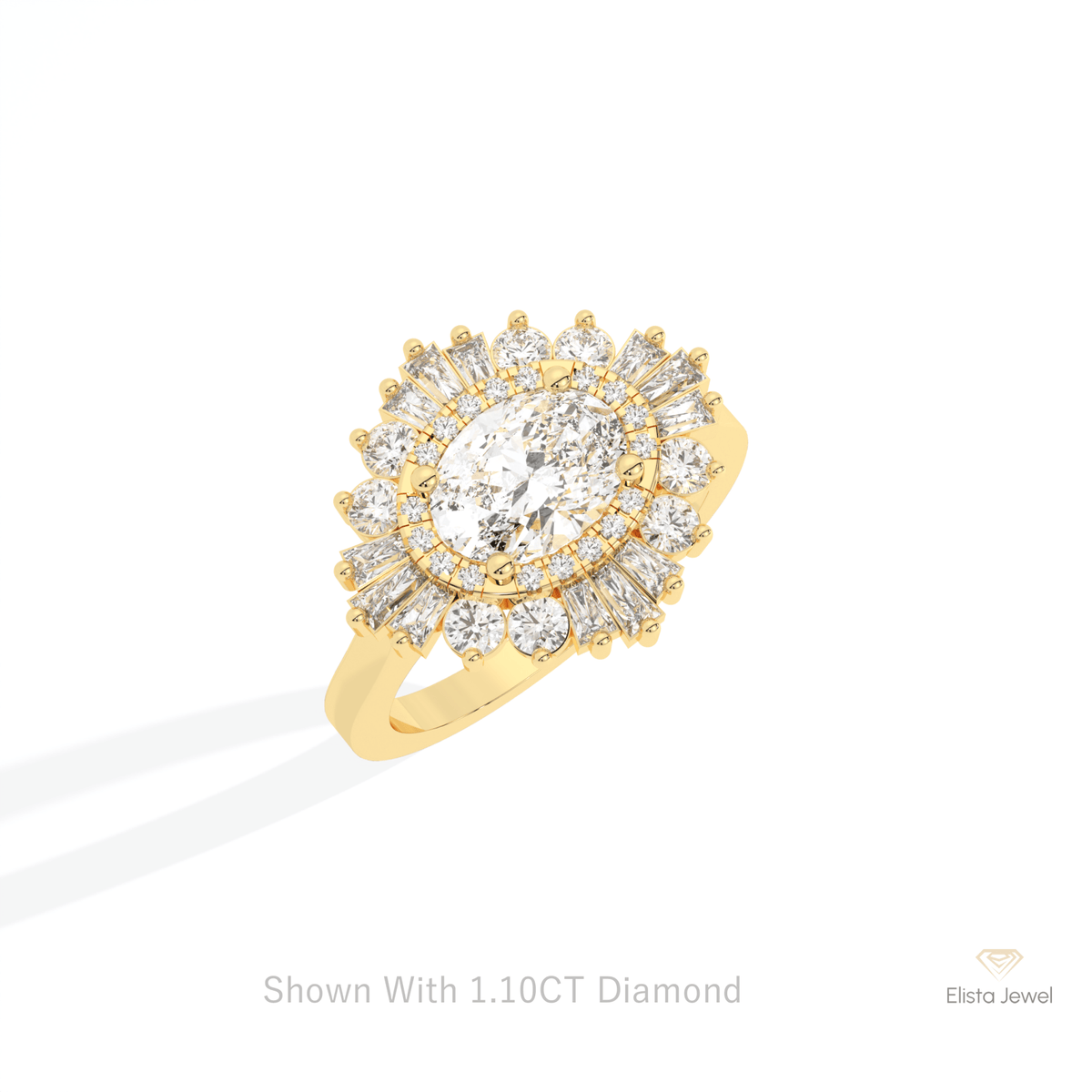 East West Oval Cut Halo Starburst Lab Grown Diamond Ring in 10K Yellow Gold - Side View