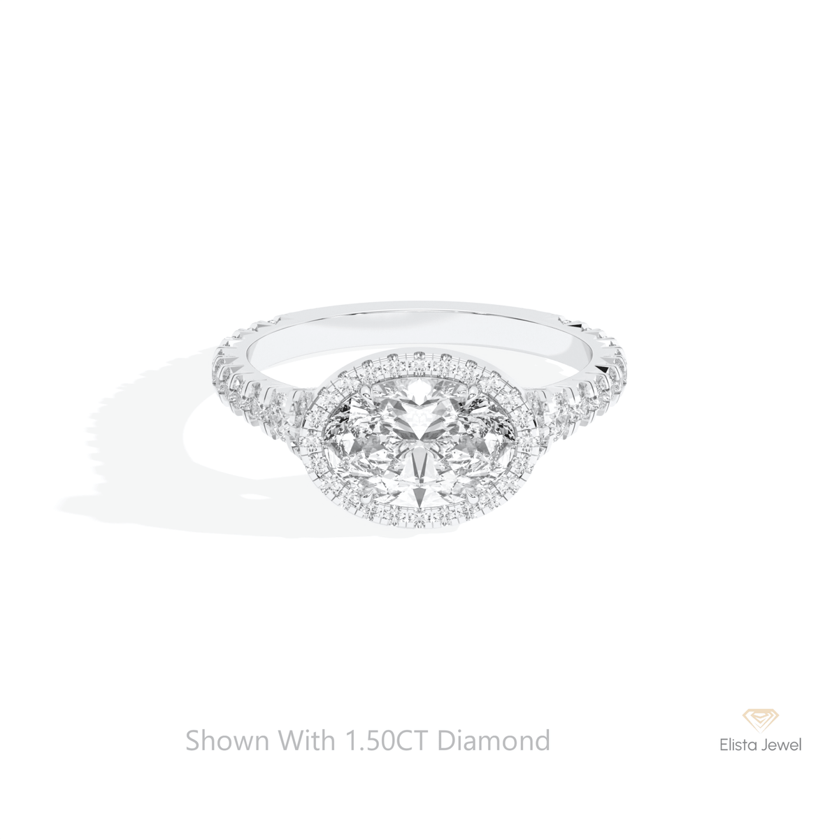 East West Oval Cut Halo Wedding Lab Grown Diamond Ring in 14K Yellow Gold - Detail View