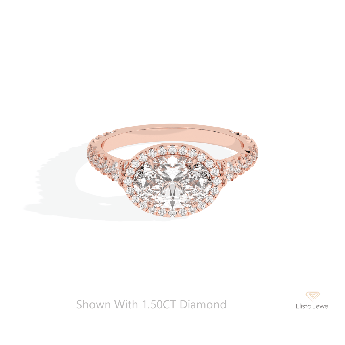 East West Oval Cut Halo Wedding Lab Grown Diamond Ring in 18K Rose Gold - Ring on Hand View