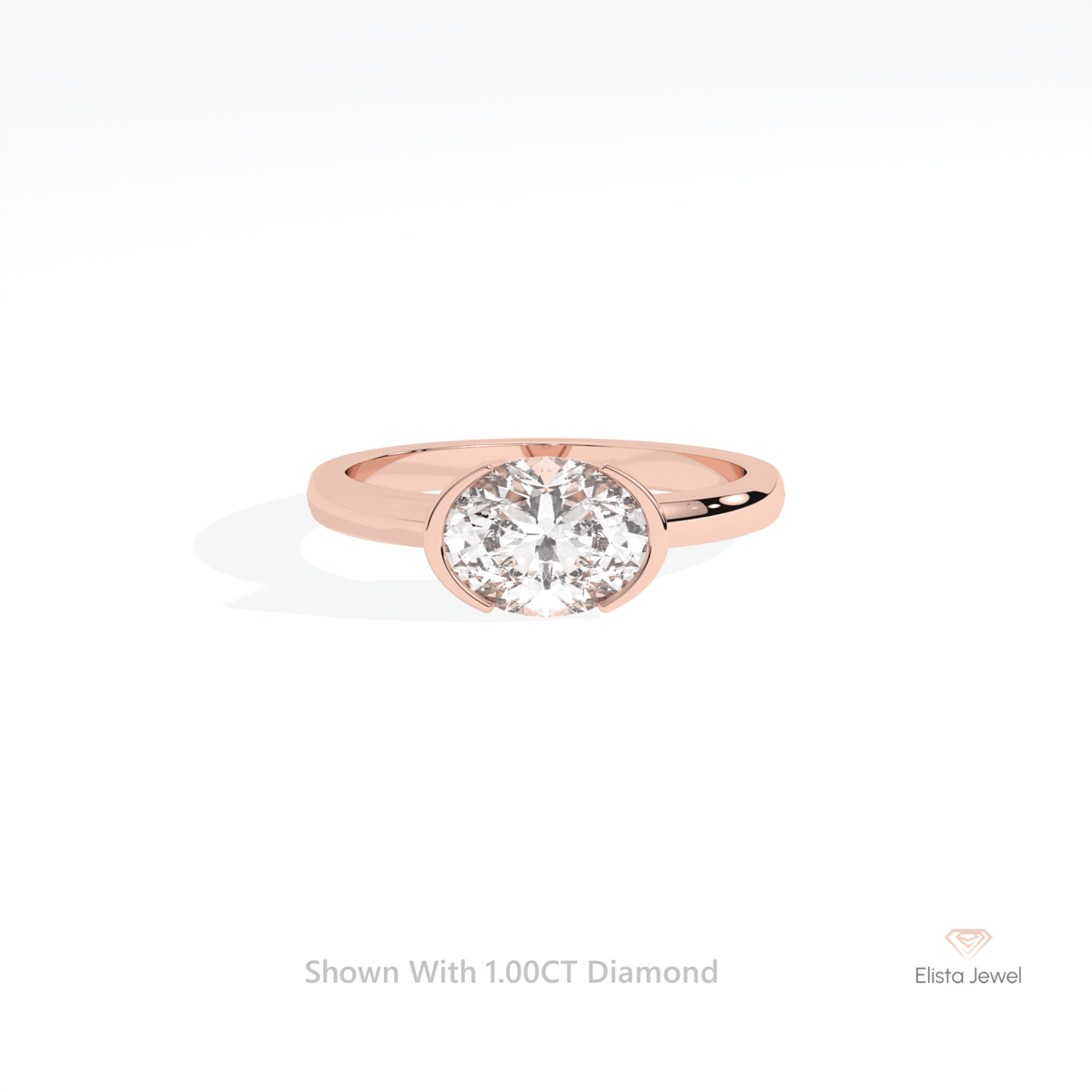 East West Oval Cut Solitaire Semi Bezel Lab Grown Diamond Ring in 18K Rose Gold - Ring on Hand View