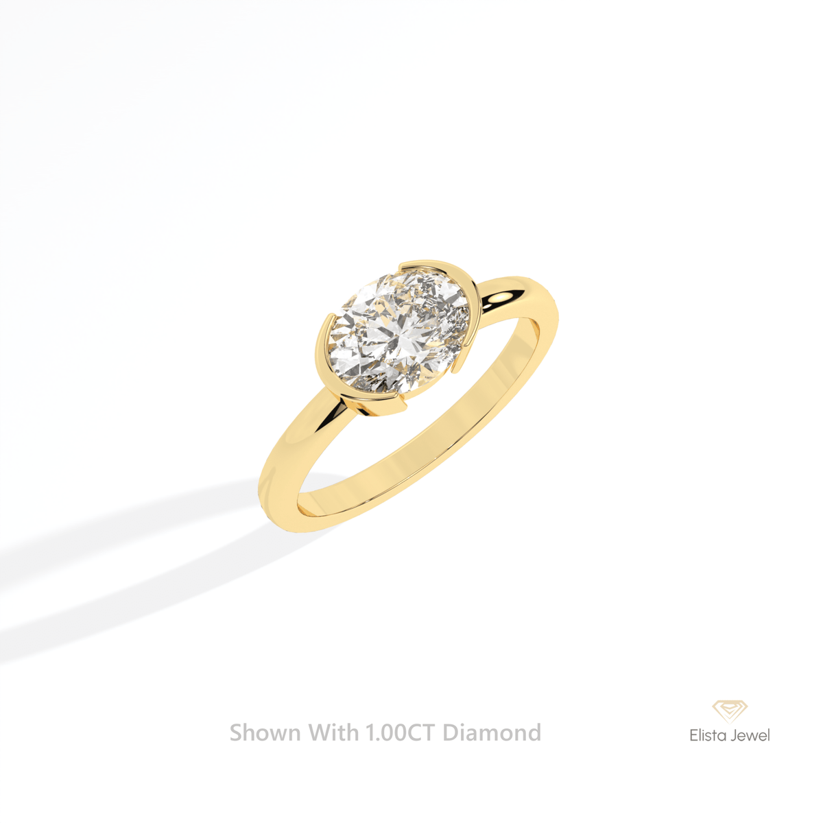 East West Oval Cut Solitaire Semi Bezel Lab Grown Diamond Ring in 10K Yellow Gold - Side View