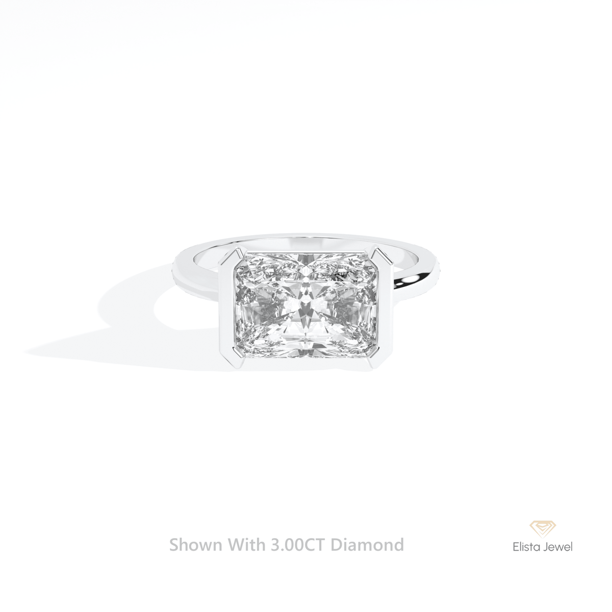 East West Radiant Cut Bezel Solitaire Lab Grown Diamond Ring in 14K Yellow Gold - Detail View