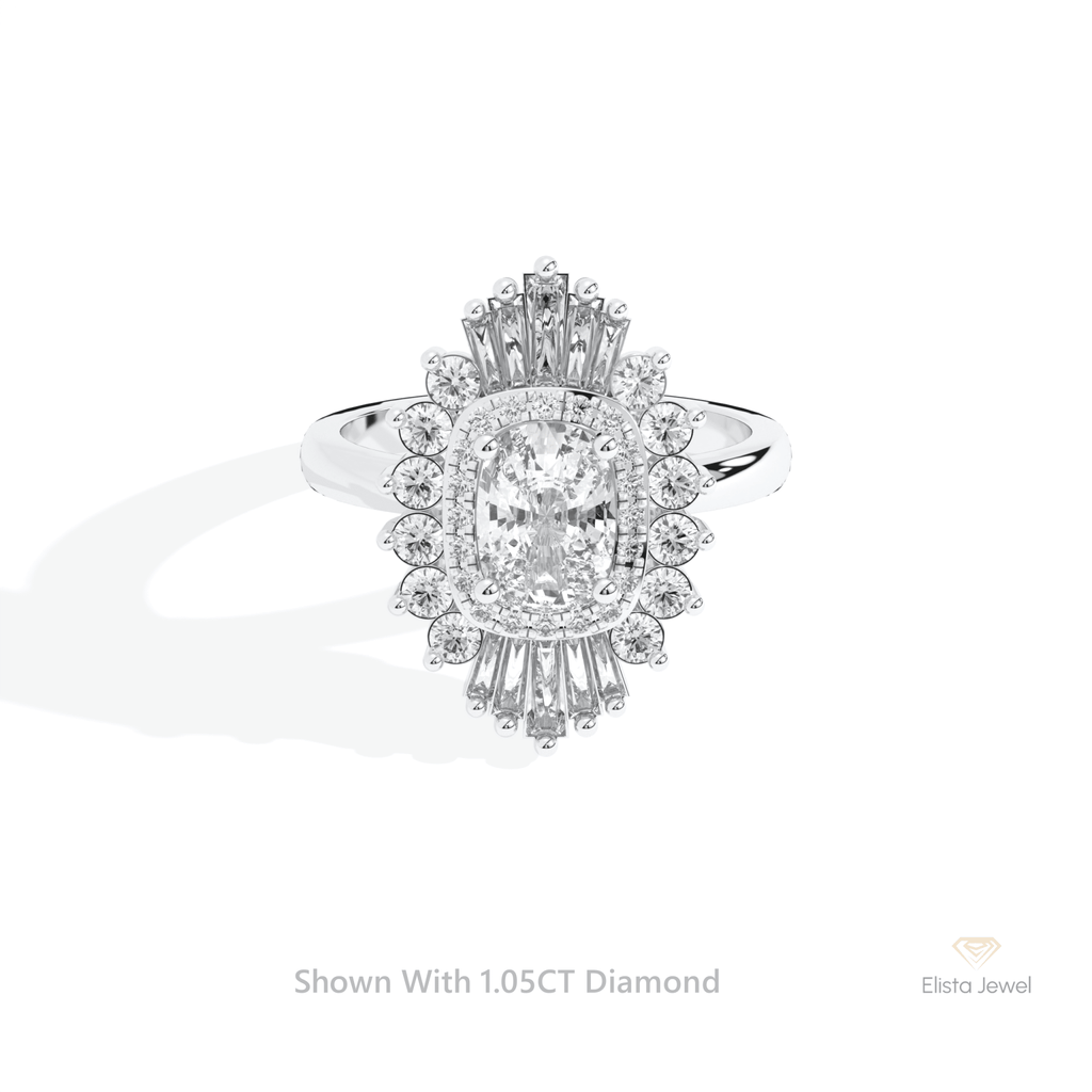 Elongated Cushion Cut Double Halo Art Deco Lab Grown Diamond Ring in 14K Yellow Gold - Detail View