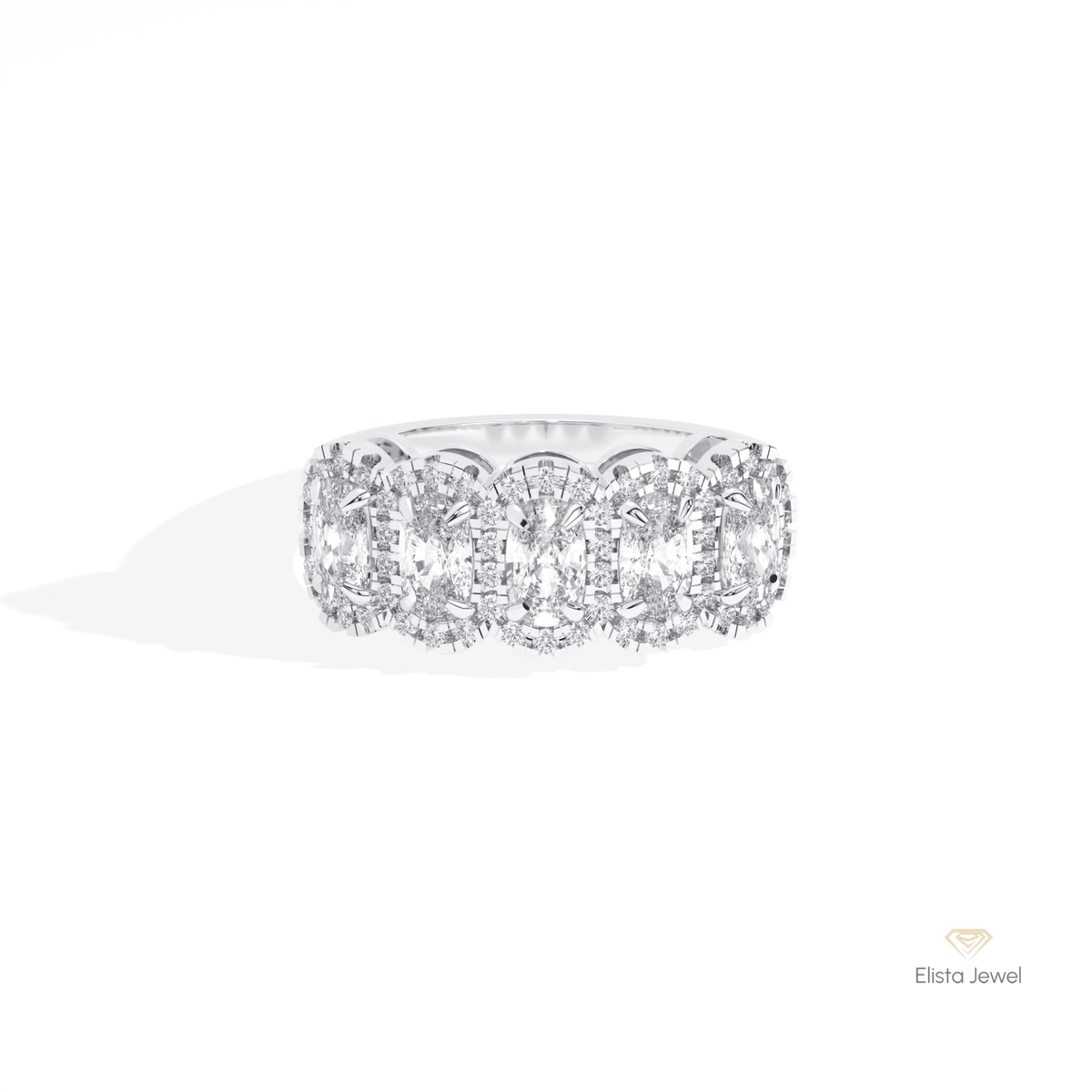 Elongated Cushion Cut Five Stone Lab Grown Diamond Ring in 14K Yellow Gold - Detail View