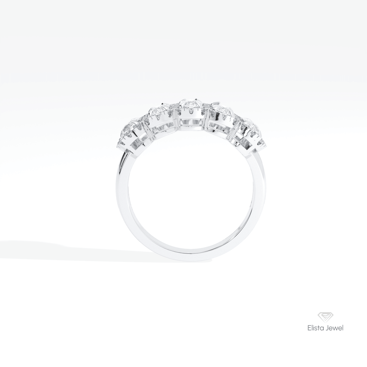 Elongated Cushion Cut Five Stone Lab Grown Diamond Ring in 18K White Gold - Close-up View