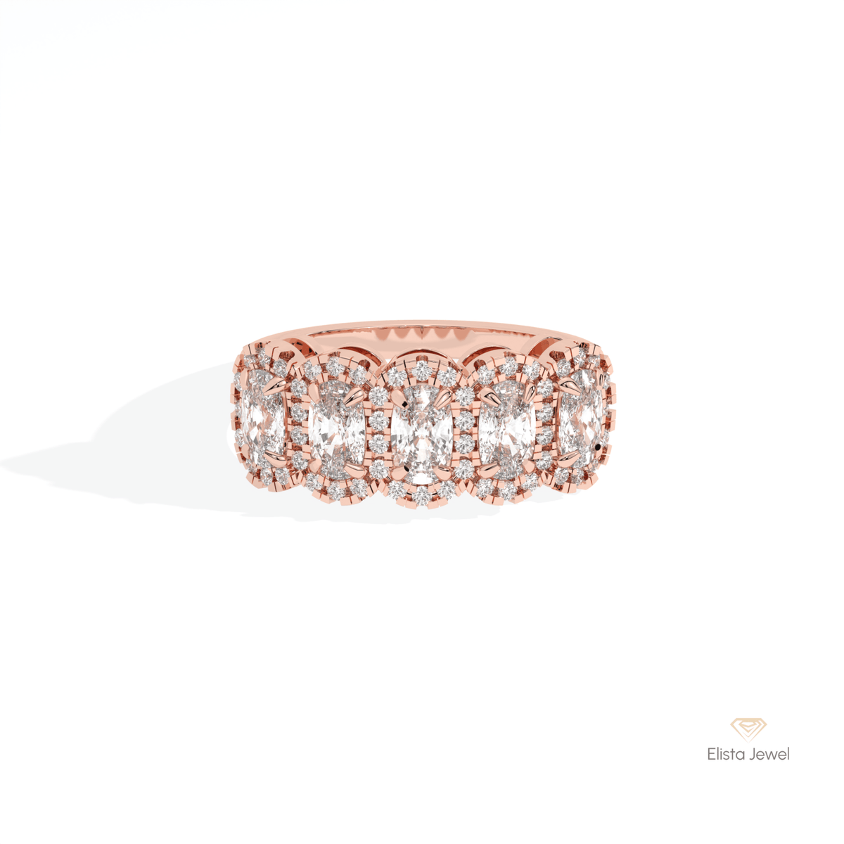 Elongated Cushion Cut Five Stone Lab Grown Diamond Ring in 10K White Gold - Front View