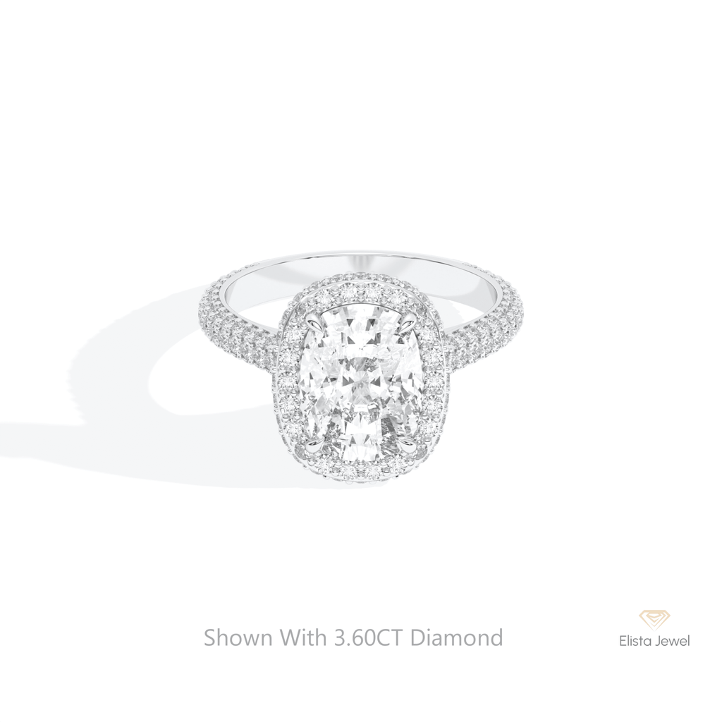 Elongated Cushion Cut Halo Wedding Lab Grown Diamond Ring in 14K Yellow Gold - Detail View