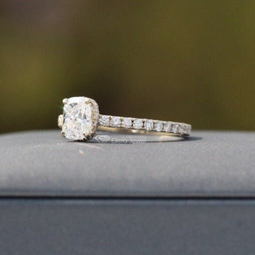 Elongated Cushion Cut Hidden Halo Engagement Lab Grown Diamond Ring - Close-up View