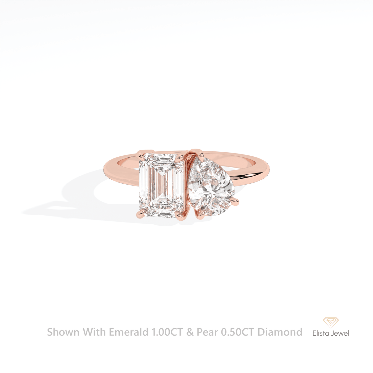 Emerald And Pear Cut Toi Et Moi Lab Grown Diamond Ring in 18K Rose Gold - Ring on Hand View