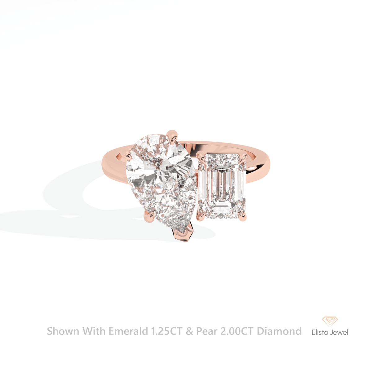 Emerald And Pear Cut Toi Et Moi Lab Grown Diamond Ring in 18K Rose Gold - Ring on Hand View