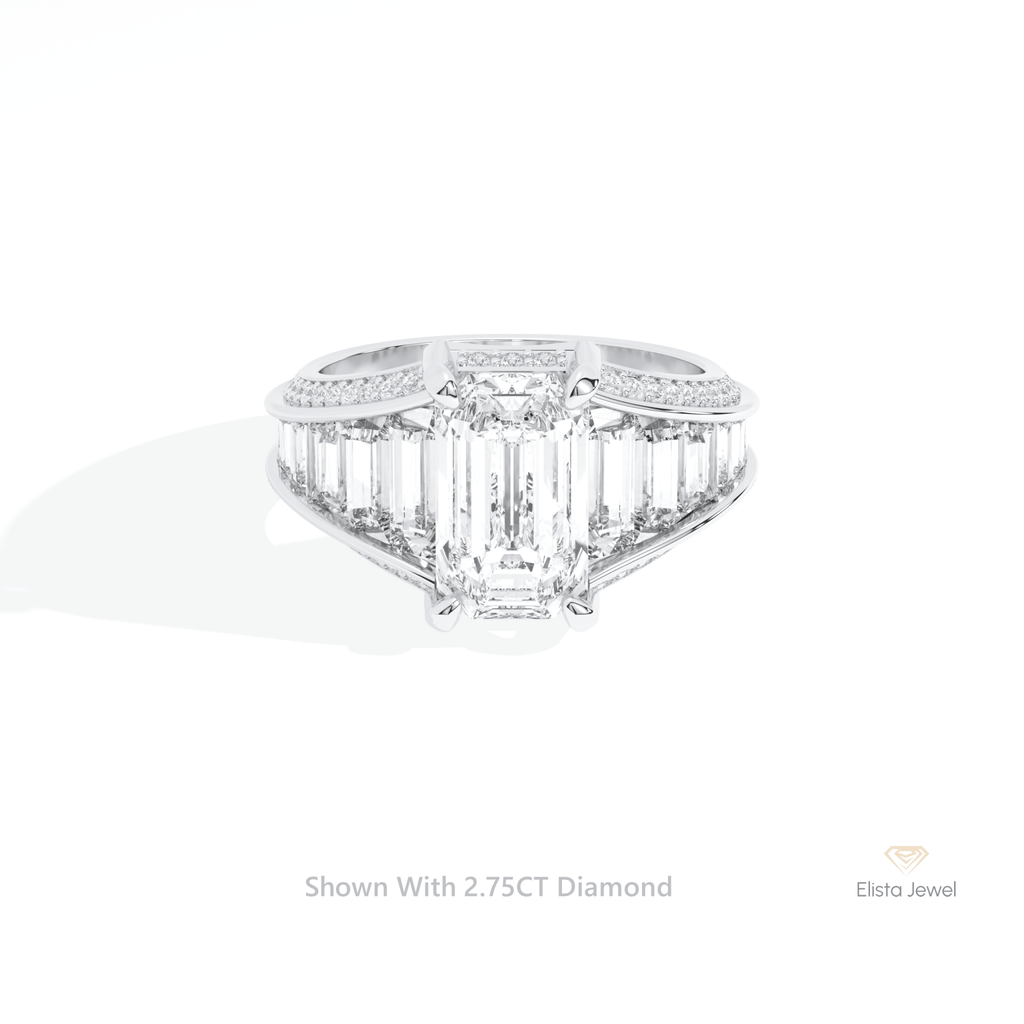 Emerald Cut Accent Art Deco Lab Grown Diamond Ring in 14K Yellow Gold - Detail View