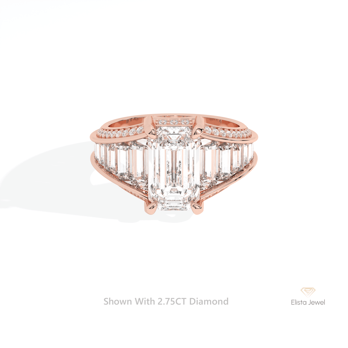 Emerald Cut Accent Art Deco Lab Grown Diamond Ring in 18K Rose Gold - Ring on Hand View