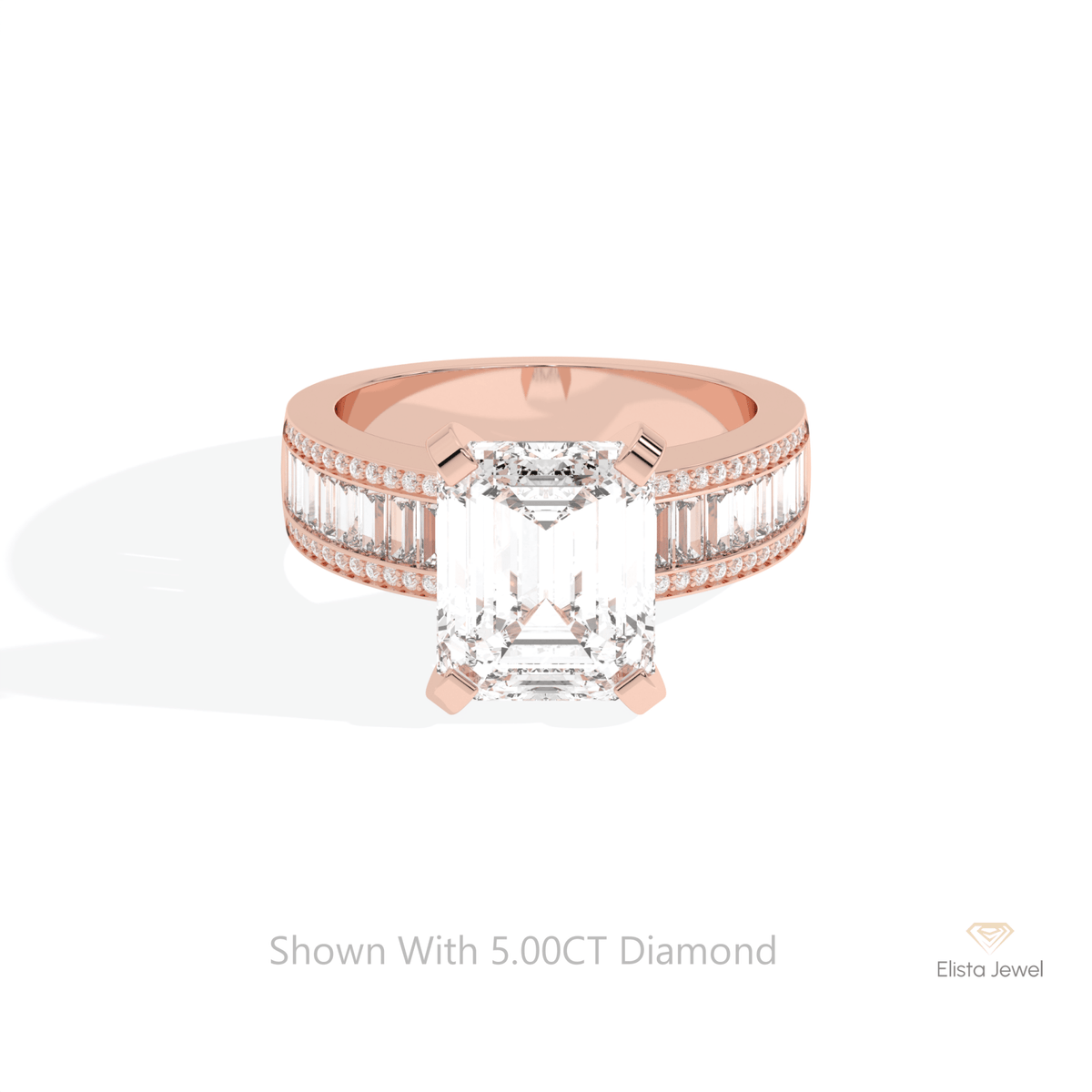 Emerald Cut Accent Engagement Lab Grown Diamond Ring in 18K Rose Gold - Ring on Hand View