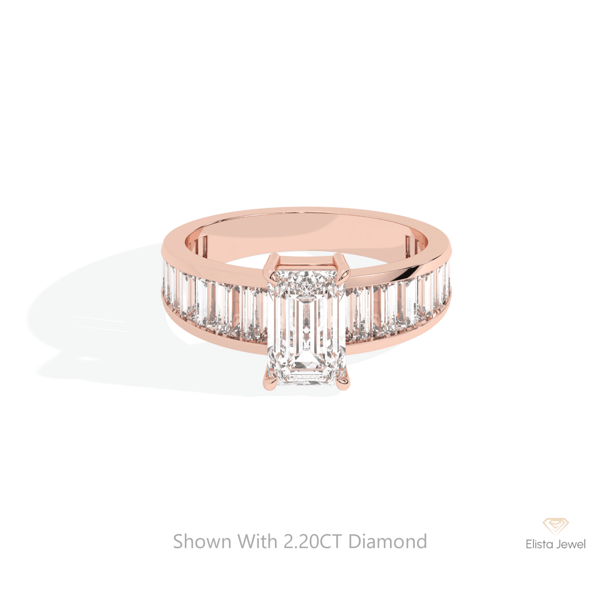 Emerald Cut Accent Engagement Lab Grown Diamond Ring in 18K Rose Gold - Ring on Hand View