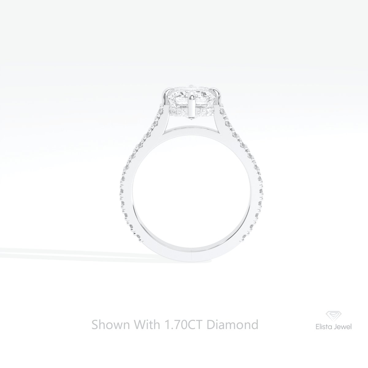 Emerald Cut Accent Hidden Halo Lab Grown Diamond Ring in 10K Rose Gold - Angled View