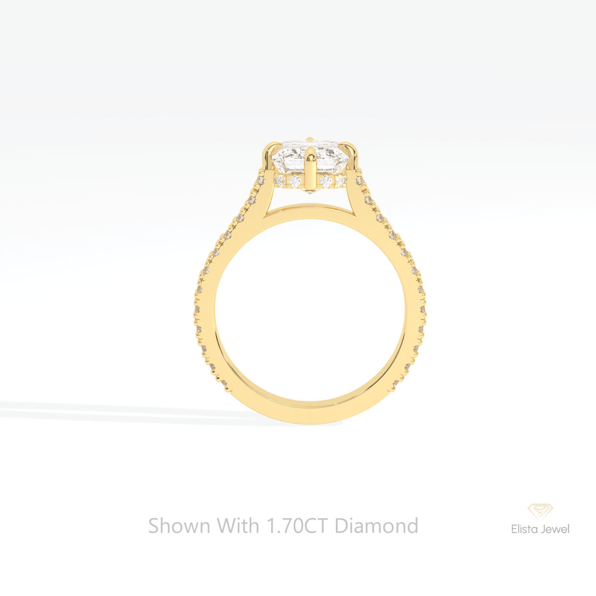 Emerald Cut Accent Hidden Halo Lab Grown Diamond Ring in 18K White Gold - Close-up View