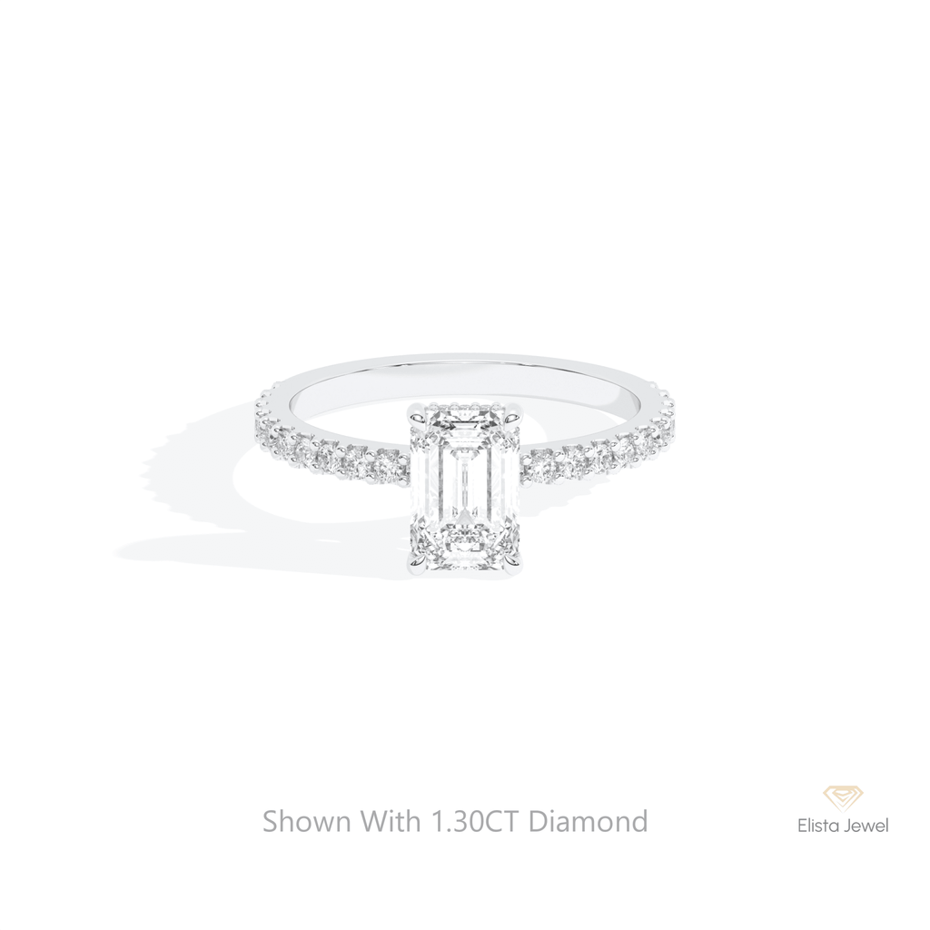 Emerald Cut Accent Hidden Halo Lab Grown Diamond Ring in 14K Yellow Gold - Detail View