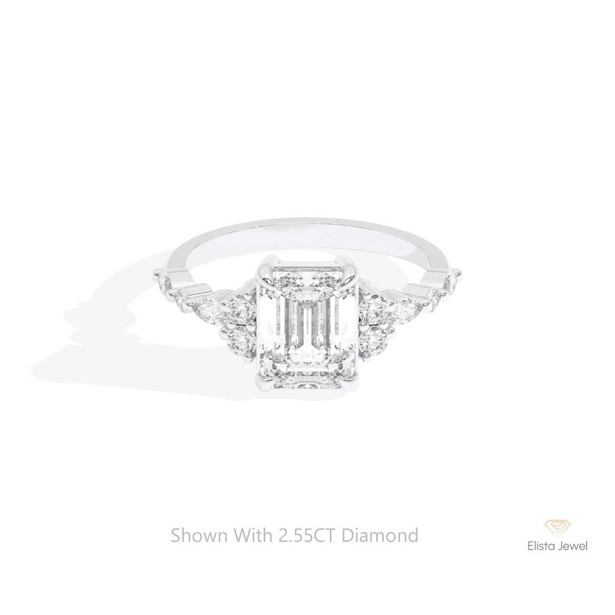 Emerald Cut Accent Wedding Lab Grown Diamond Ring in 14K Yellow Gold - Detail View
