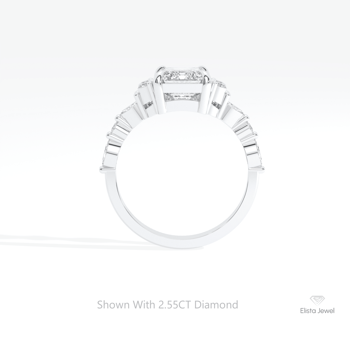 Emerald Cut Accent Wedding Lab Grown Diamond Ring in 18K White Gold - Close-up View