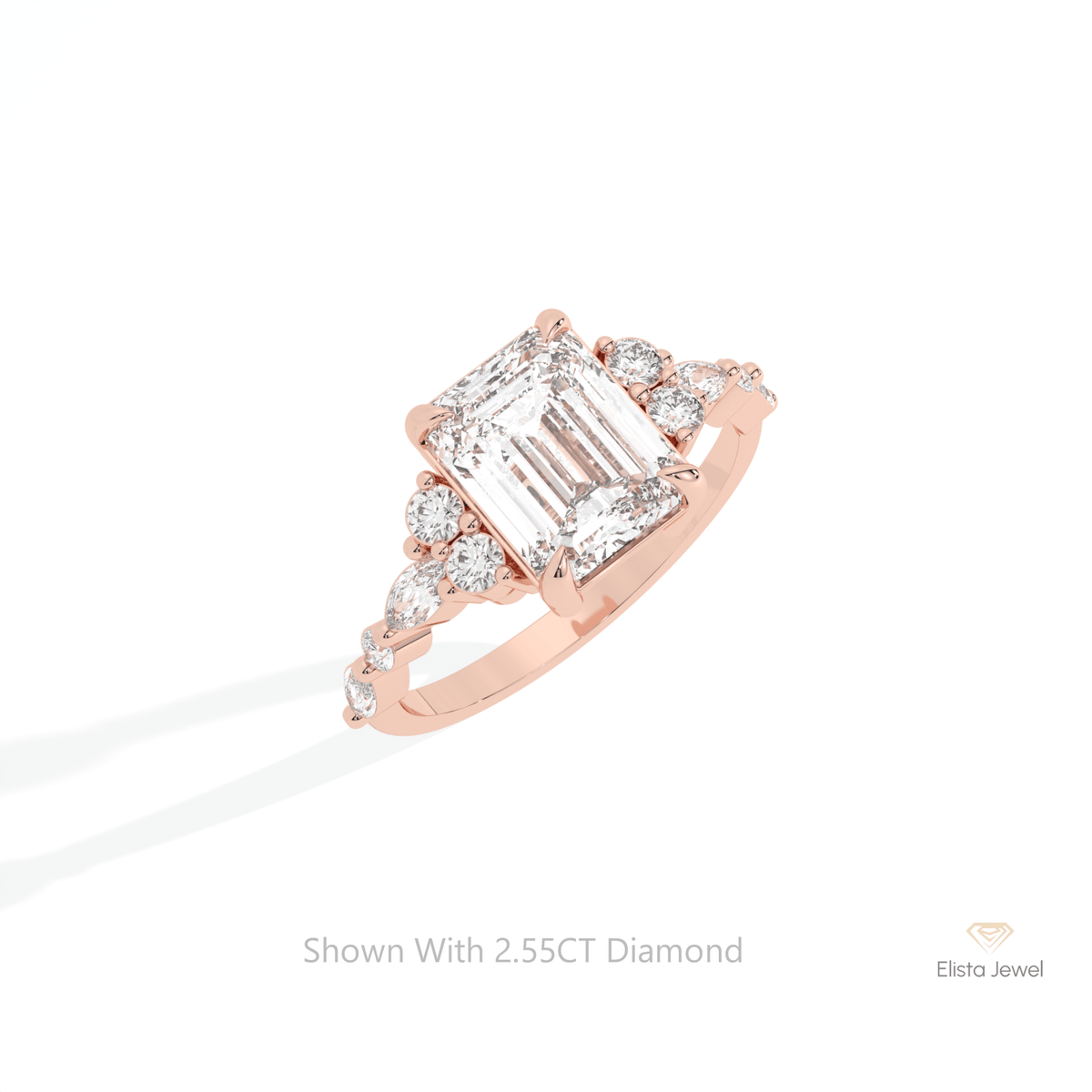 Emerald Cut Accent Wedding Lab Grown Diamond Ring in 10K Yellow Gold - Side View