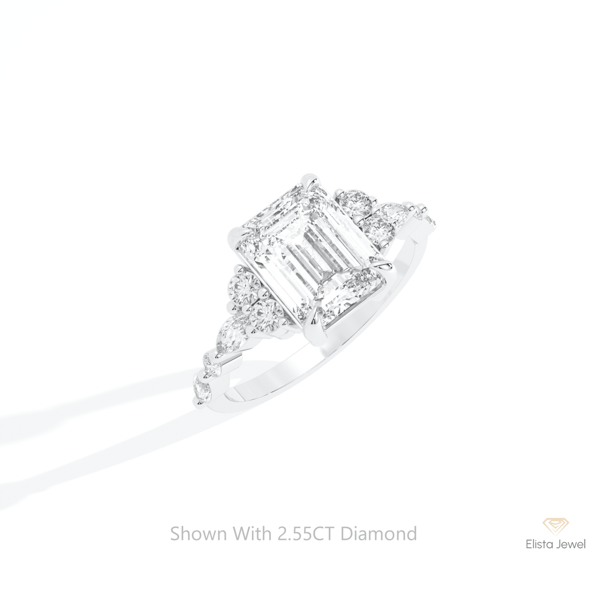 Emerald Cut Accent Wedding Lab Grown Diamond Ring in 14K Rose Gold - Profile View