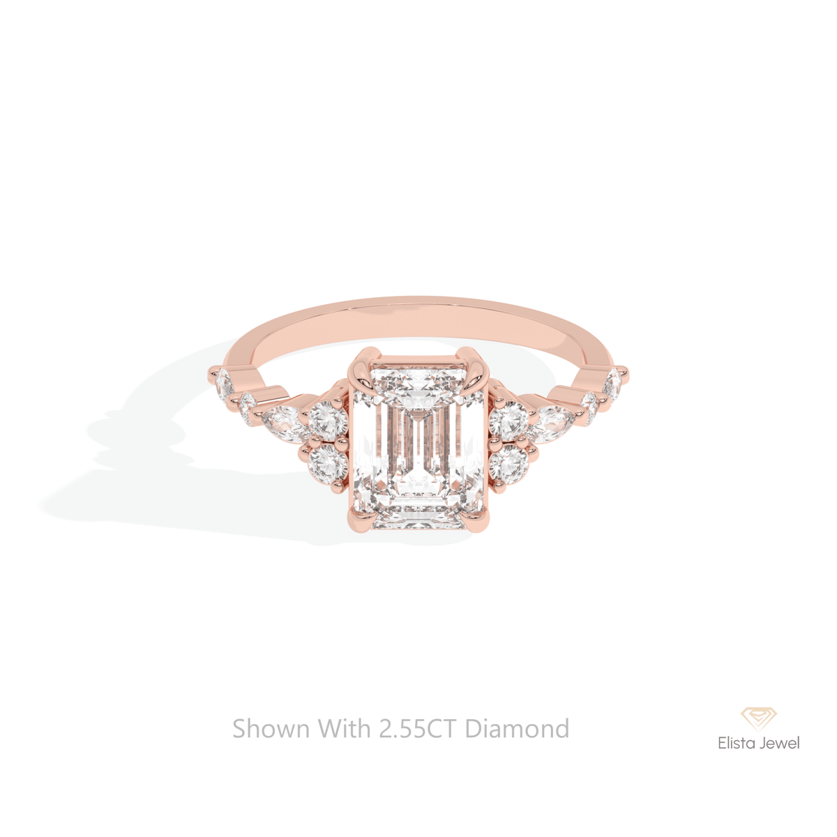 Emerald Cut Accent Wedding Lab Grown Diamond Ring in 10K White Gold - Front View