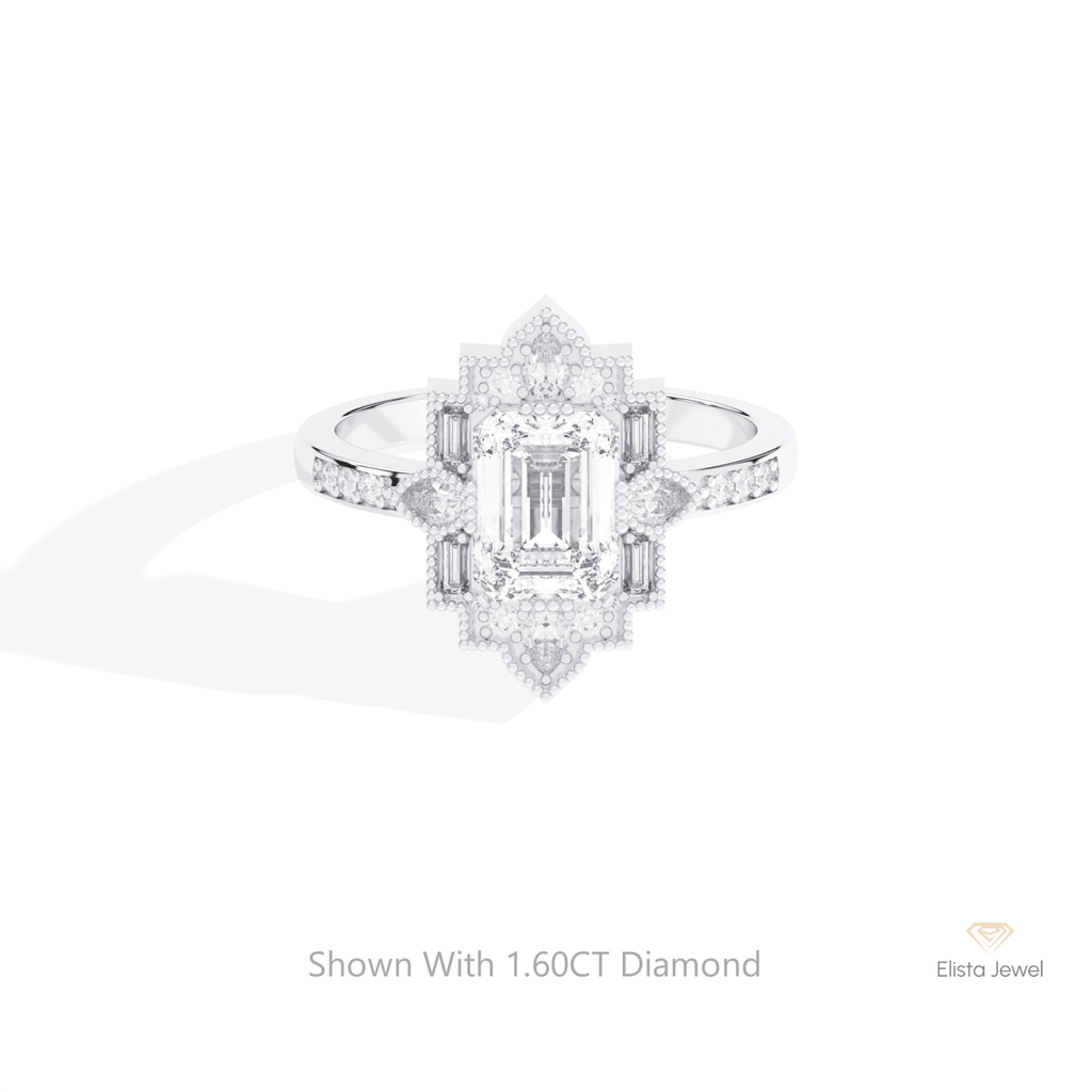 Emerald Cut Art Deco Wedding Lab Grown Diamond Ring in 14K Yellow Gold - Detail View