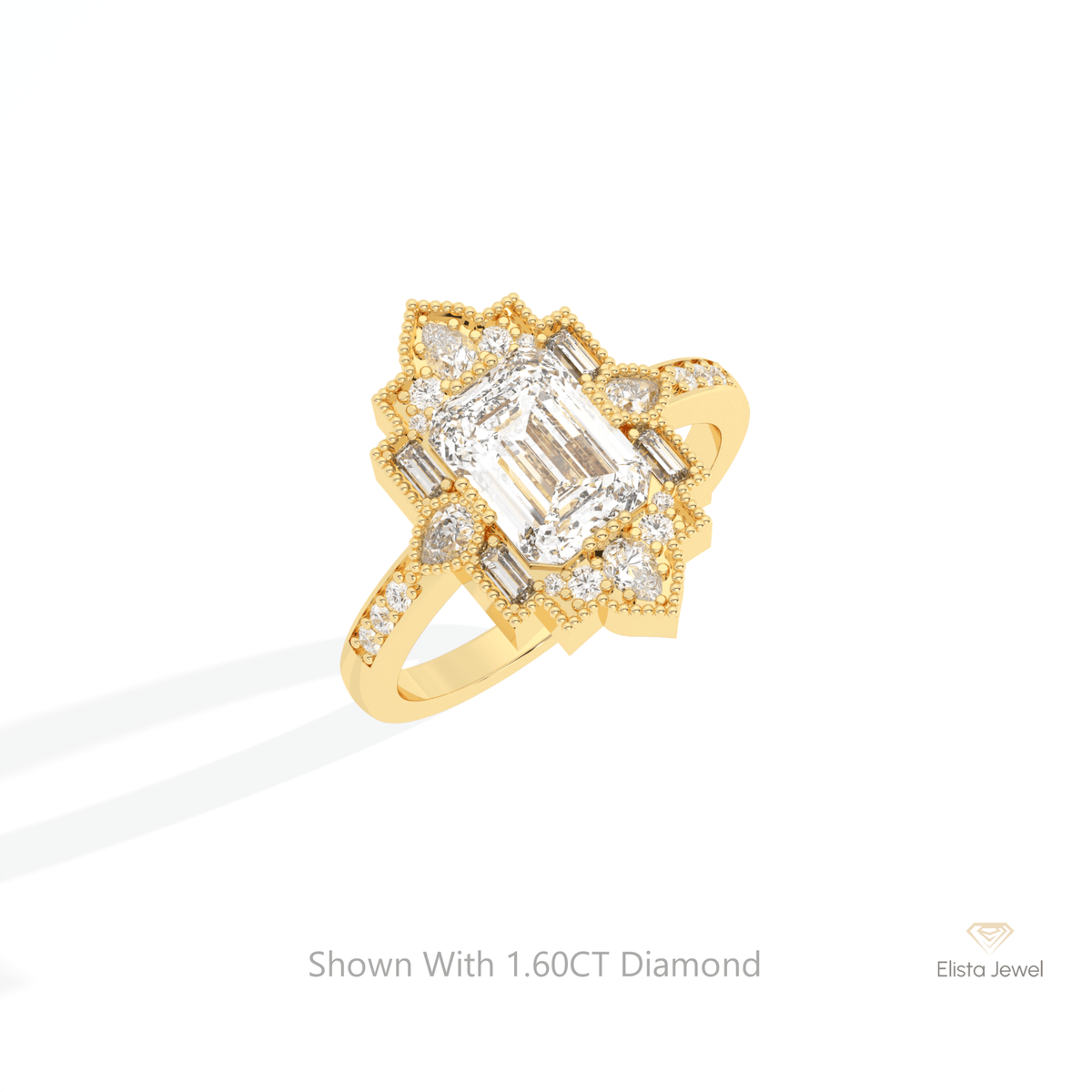 Emerald Cut Art Deco Wedding Lab Grown Diamond Ring in 10K Yellow Gold - Side View