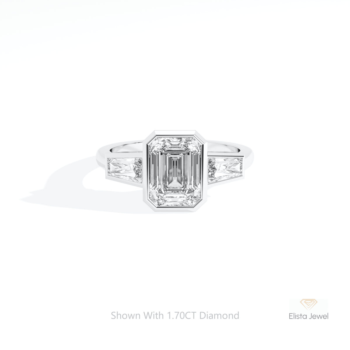 Emerald Cut Bezel Three Stone Lab Grown Diamond Ring in 10K Rose Gold - Front View