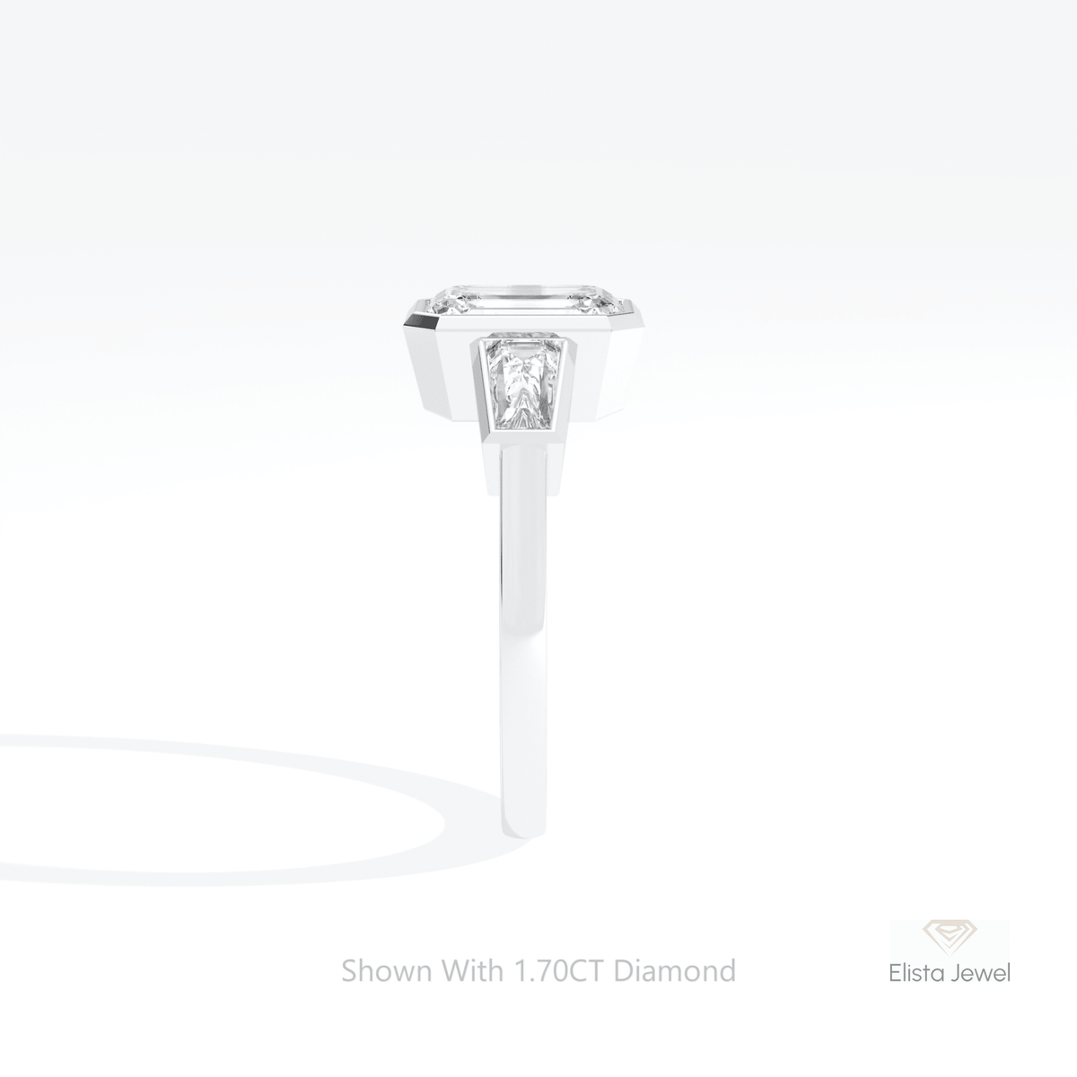 Emerald Cut Bezel Three Stone Lab Grown Diamond Ring in 10K White Gold - Top View